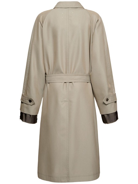 Belted cotton twill long trench coat