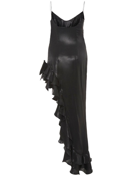 Laminated satin long dress w/side ruffle