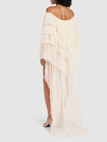 Draped silk crepe dress w/ train