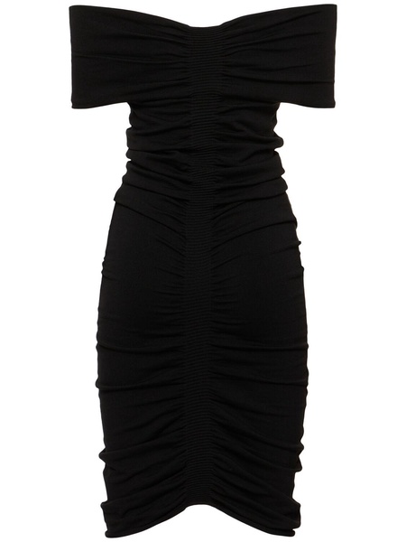 Off-the-shoulder ruched mini dress