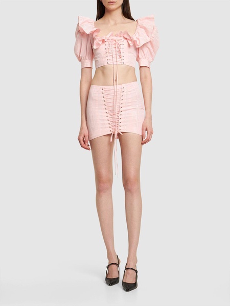 Ruffled moiré crop top w/ lace up