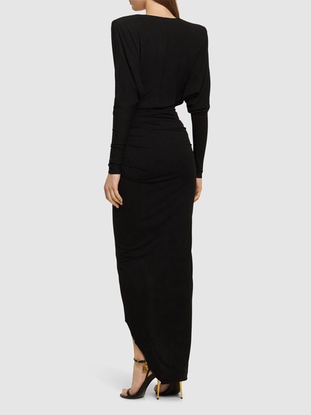 Draped jersey l/s midi wrap dress
