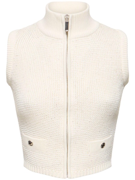 High neck sequined knit vest w/zip
