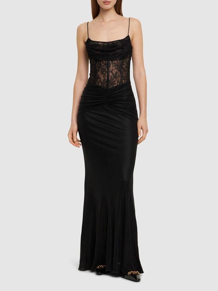 Laminated jersey long dress w/ lace