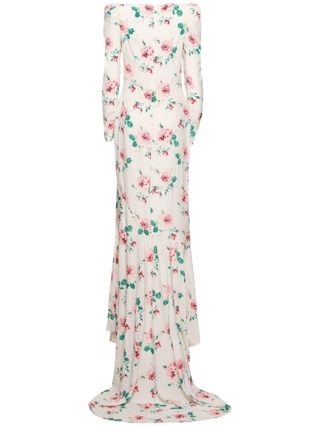 Rose printed silk maxi dress w/ appliqué
