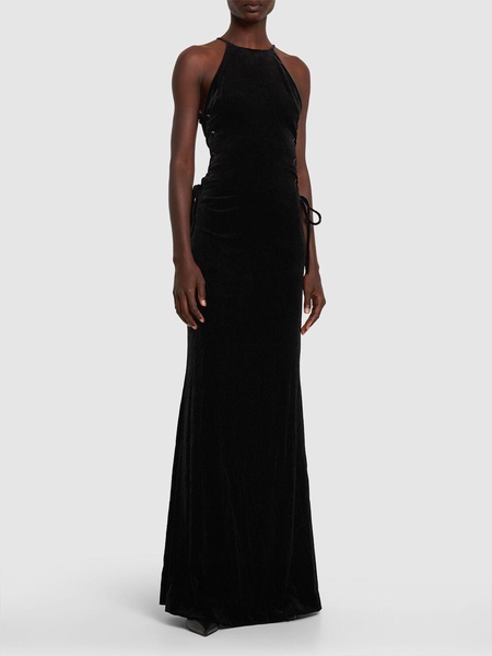 Velvet long dress w/ side lace-up