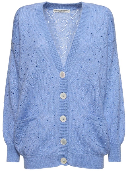 Knitted mohair long cardigan w/ crystals