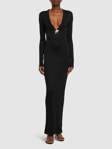Viscose v neck long dress w/ star stud