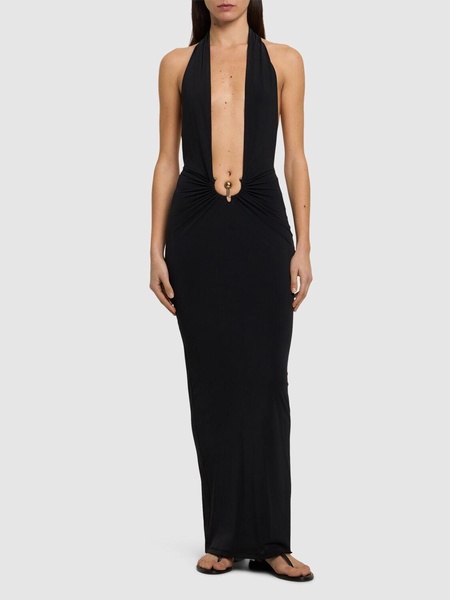 Pierced Orbit long lycra halter dress