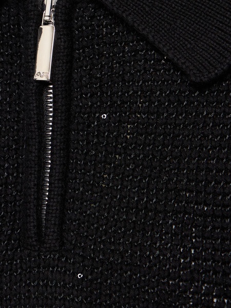 Sequined cotton blend knit polo w/ zip