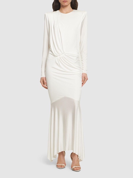 Satin draped l/s open back long dress