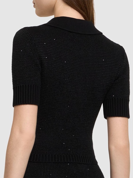 Sequined cotton blend knit polo w/ zip