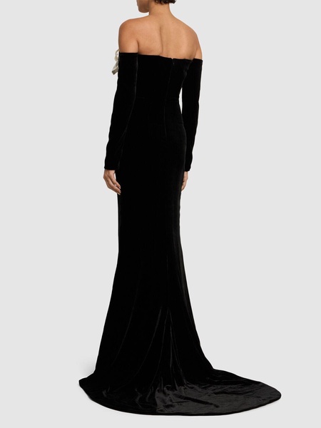 Off-shoulder velvet maxi dress