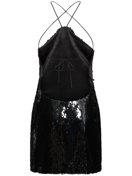 Sequined open back mini dress w/ rose
