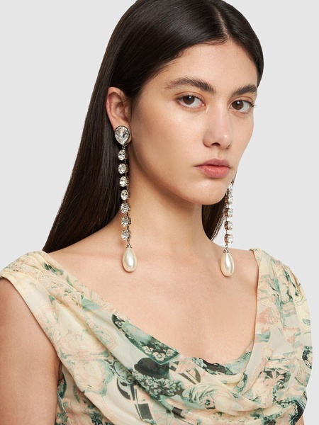 Crystal long earrings w/ faux pearl