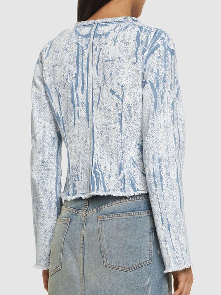 Coated denim collarless jacket