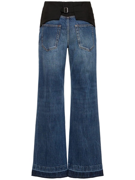Mid rise denim & fabric wide jeans