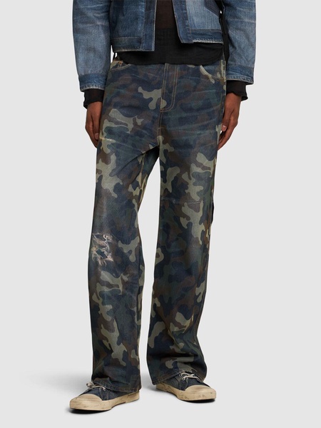 Unisex mesh layered printed denim pants