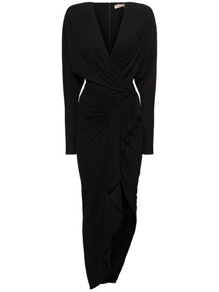 Draped jersey l/s midi wrap dress