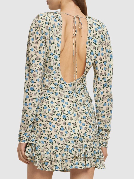 Printed open back draped silk mini dress