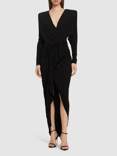 Draped jersey l/s midi wrap dress