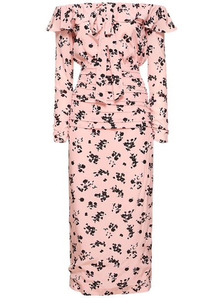 Printed silk off-the-shoulder midi dress