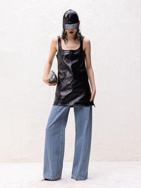 Asymmetric wide leg cotton denim jeans