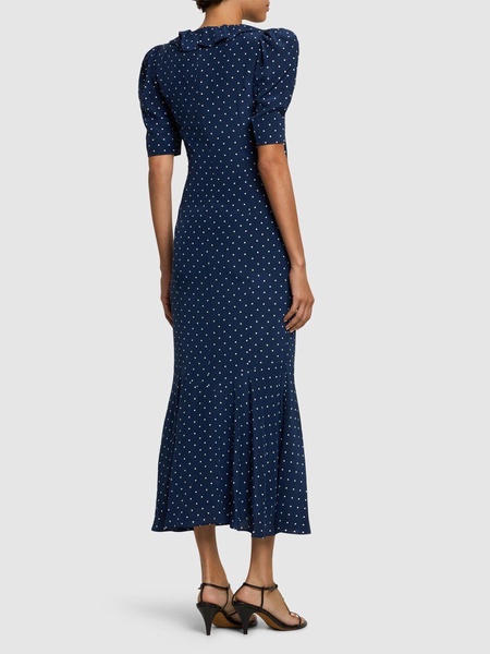 Polka dot print silk midi dress w/ruffle