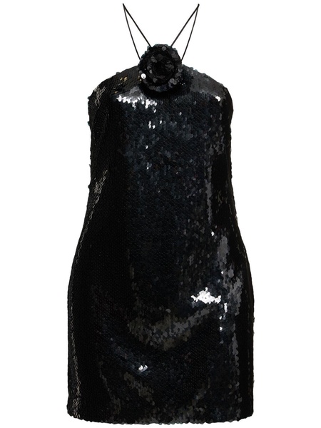 Sequined open back mini dress w/ rose