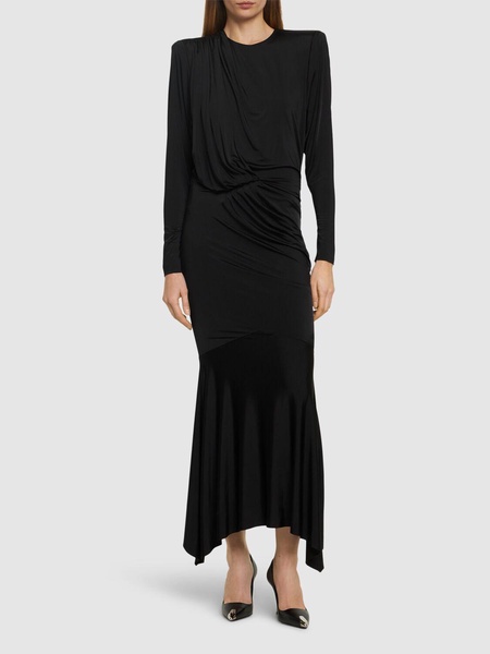 Draped satin l/s open back long dress
