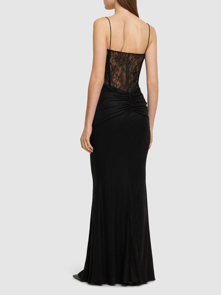 Laminated jersey long dress w/ lace