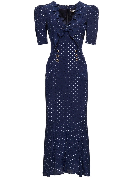 Polka dot print silk midi dress w/ruffle