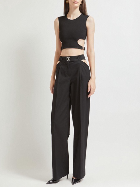 Cutout cotton gabardine pants w/ logo