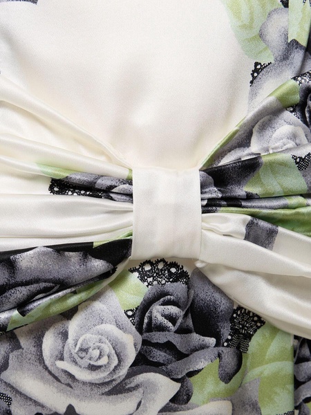 Rose print silk satin dress w/ bow