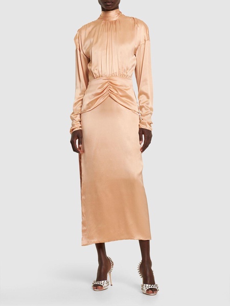 Open back silk satin midi dress w/ bow