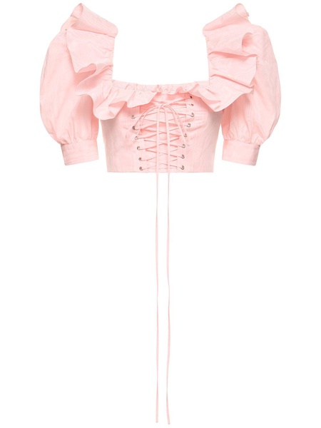 Ruffled moiré crop top w/ lace up