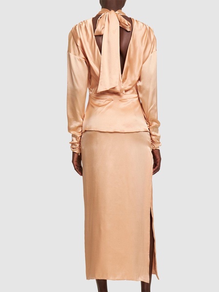 Open back silk satin midi dress w/ bow