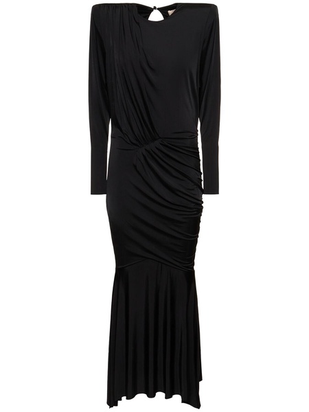 Draped satin l/s open back long dress