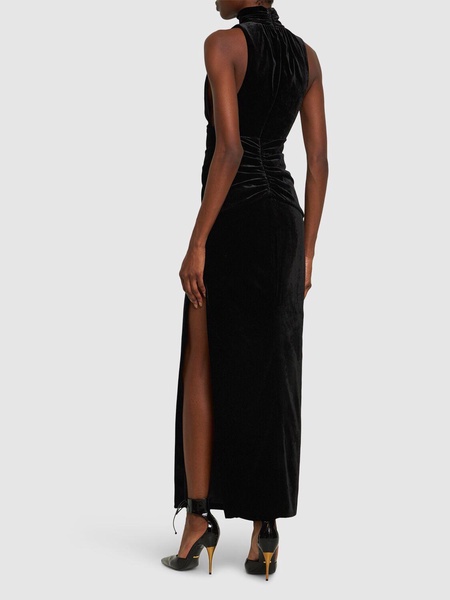 Velvet high neck draped long dress