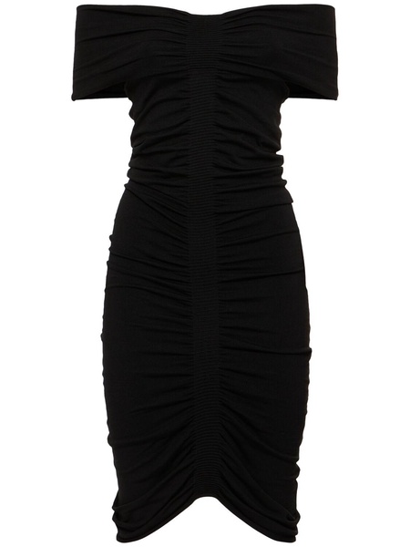 Off-the-shoulder ruched mini dress