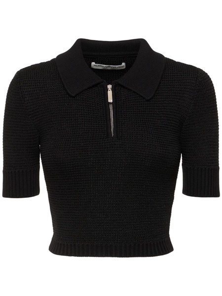 Sequined cotton blend knit polo w/ zip