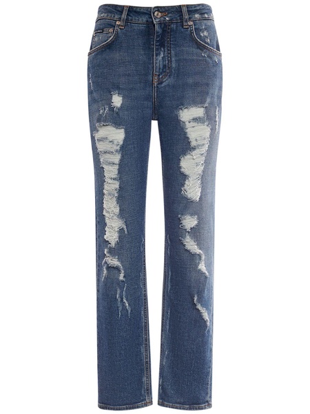 Distressed denim straight jeans