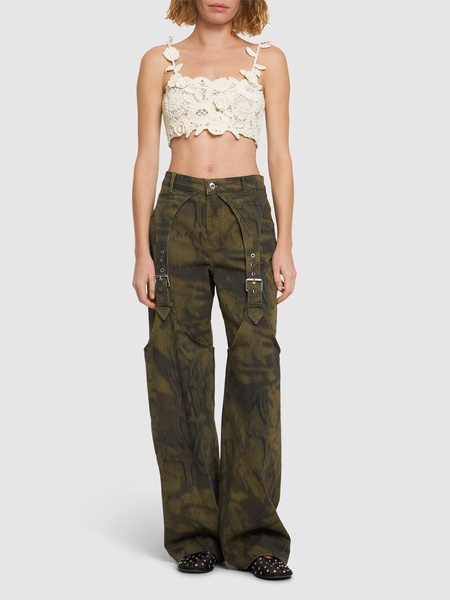 Floral macramé cotton blend crop top