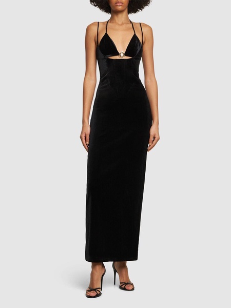 Velvet embellished cutout long dress