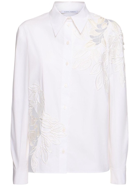 Flower embroidered stretch cotton shirt