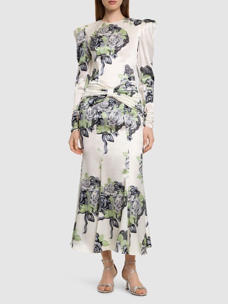 Rose print silk satin dress w/ bow