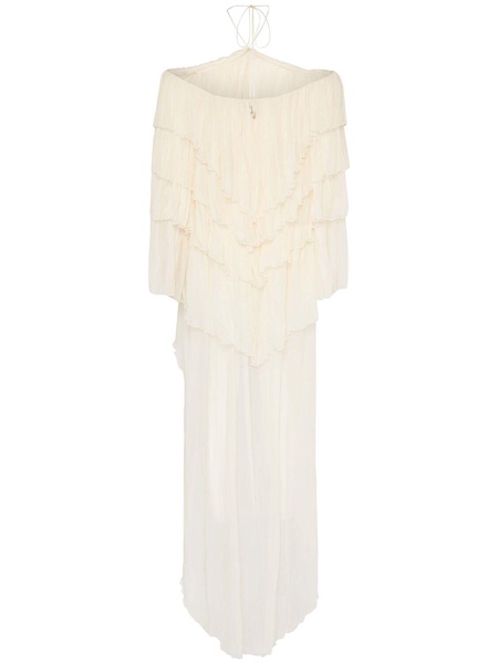 Draped silk crepe dress w/ train