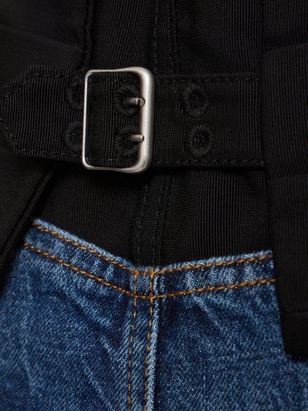 Mid rise denim & fabric wide jeans