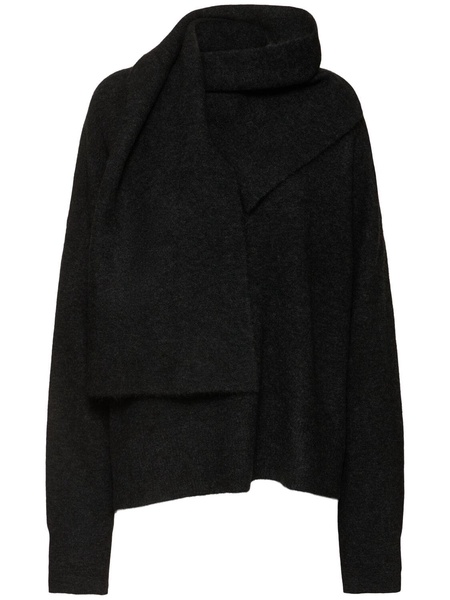 Draped scarf wool blend knit sweater