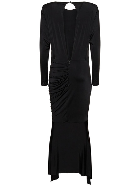 Draped satin l/s open back long dress
